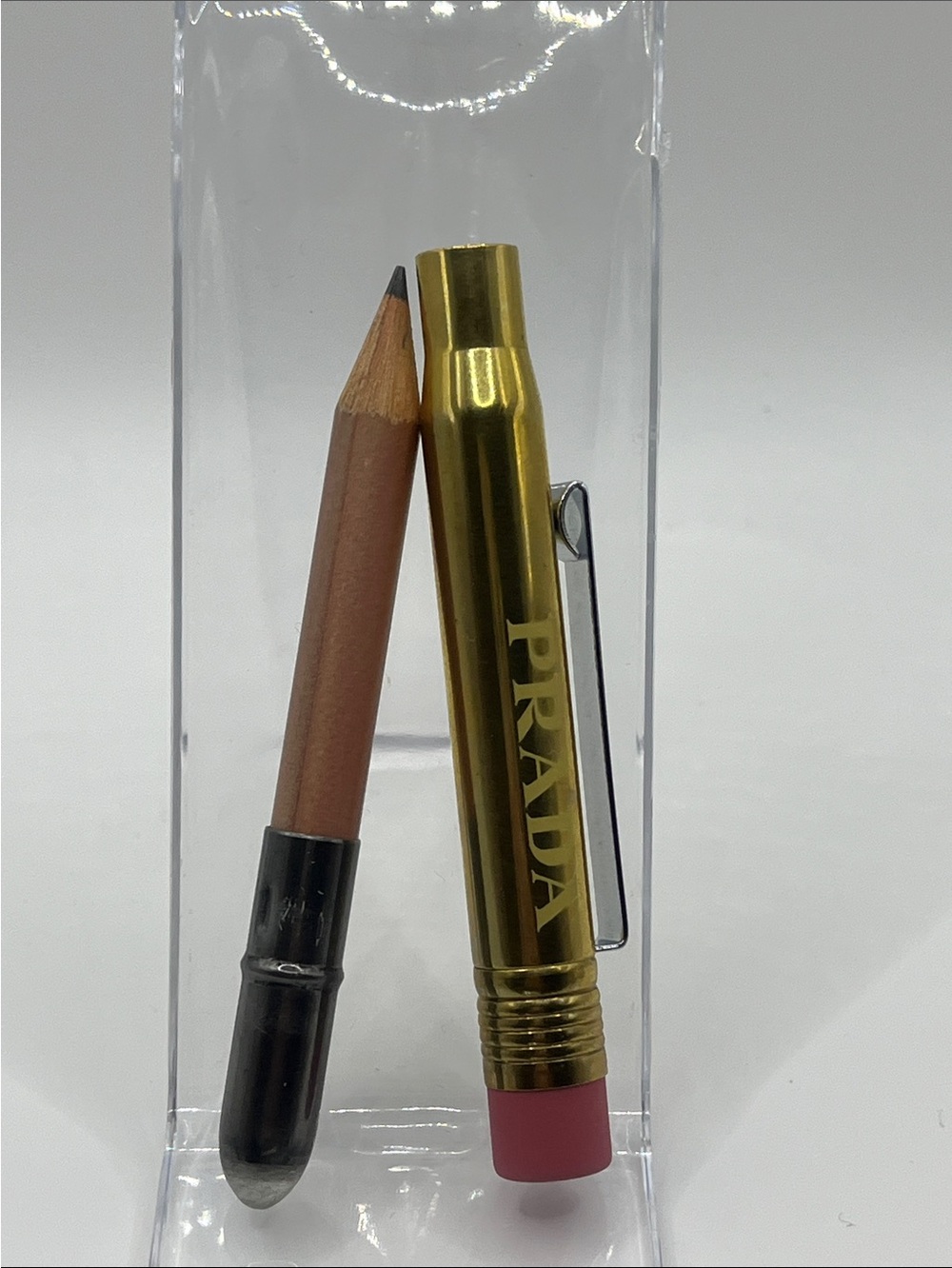 Prada Gold Logo Pencil Cap with Pink Eraser